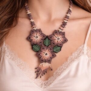 Handmade Beaded Floral Statement Necklace Mauve Pink Green Artisan Jewelry